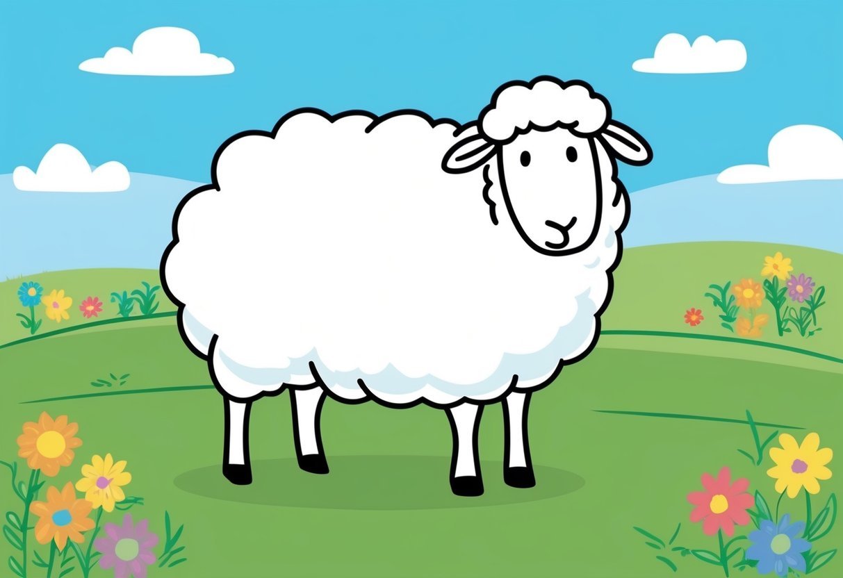 A fluffy white sheep standing in a grassy field, surrounded by colorful flowers and a bright blue sky