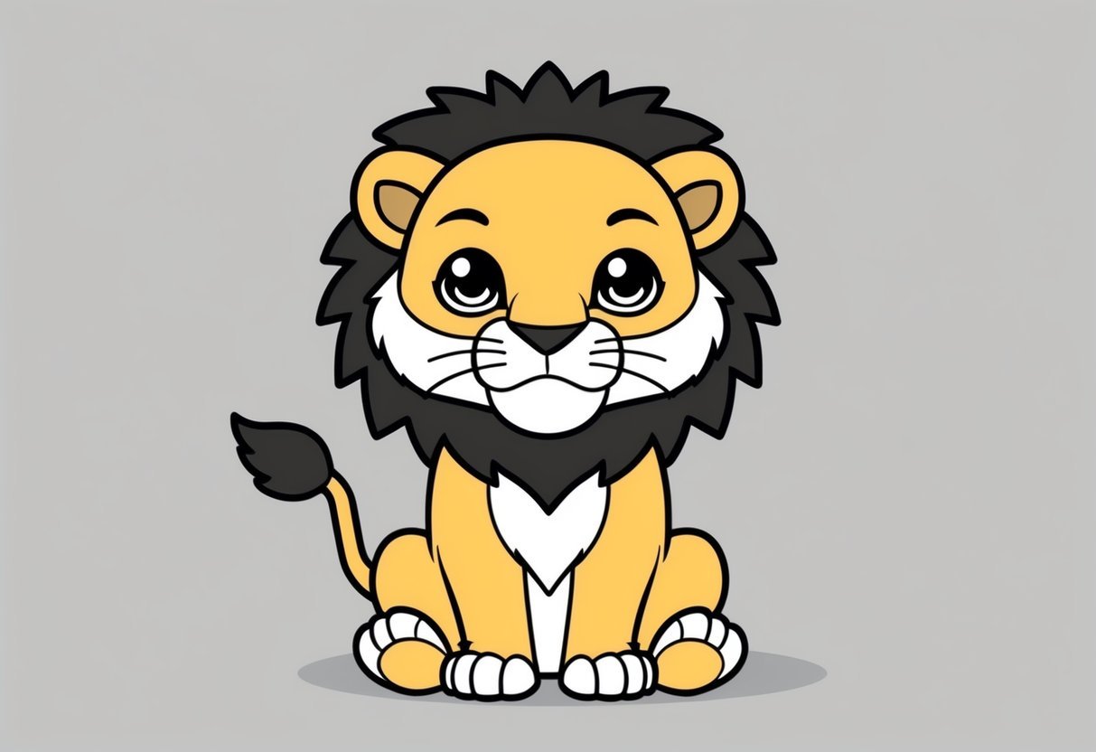 A chibi lion with big eyes and a small body, sitting on its hind legs with a cute expression