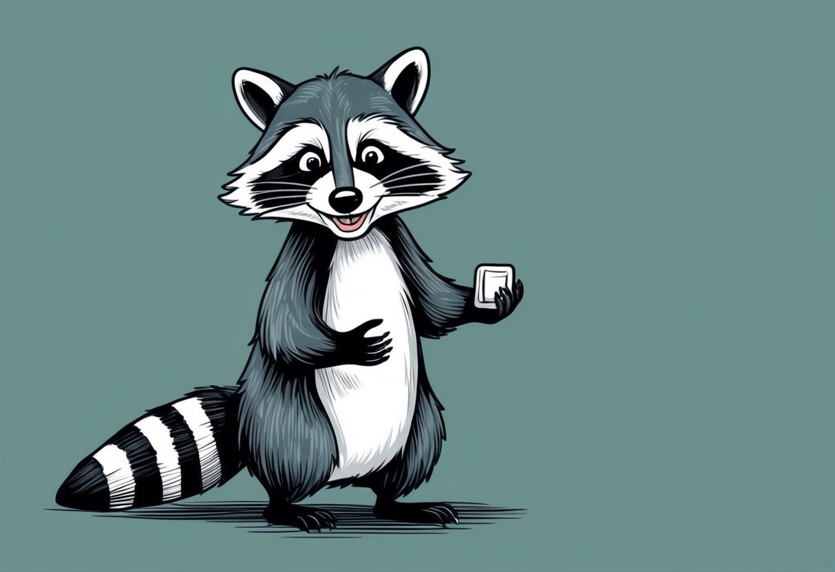 A curious raccoon with a mischievous grin, standing on its hind legs and holding a small object in its paws